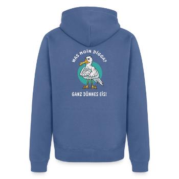 Möwe „Moin Digga? Ganz dünnes Eis!“ - Unisex Premium Bio Zip Hoodie - Taubenblau - Hinten - Nico (187cm)