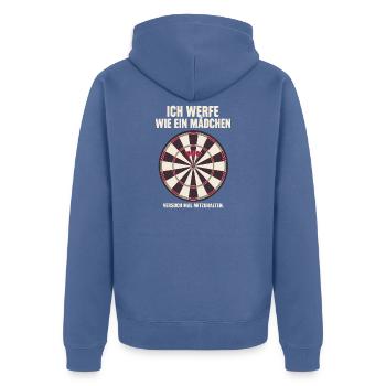 Ich werfe wie ein Mädchen Versuch mal mitzuhalten - Unisex Premium Bio Zip Hoodie - Taubenblau - Hinten - Nico (187cm)