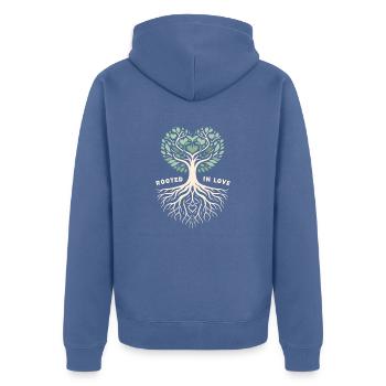 Rooted in Love: Elegantes Baumdesign - Unisex Premium Bio Zip Hoodie - Taubenblau - Hinten - Nico (187cm)