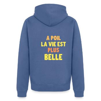 Cadeau humour naturiste homme et femme - Veste à capuche bio Premium Unisexe - bleu pigeon - Dos - Nico (187cm)