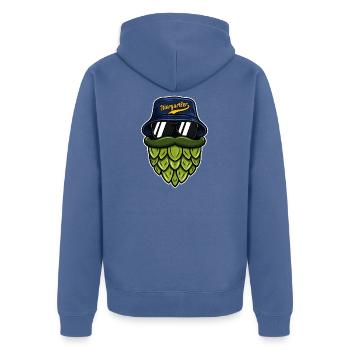 Hopfenheld im Biergarten - BucketHat - Unisex Premium Bio Zip Hoodie - Taubenblau - Hinten - Nico (187cm)
