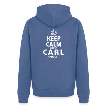 CARL: Regel das. - Unisex Premium Bio Zip Hoodie - Taubenblau - Hinten - Nico (187cm)