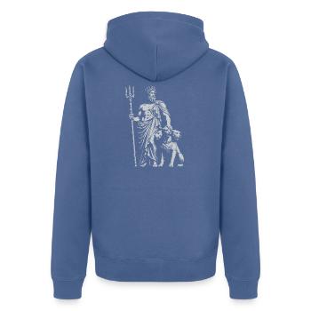 HadesTrident Wächter mit Cerber - Unisex Premium Bio Zip Hoodie - Taubenblau - Hinten - Nico (187cm)
