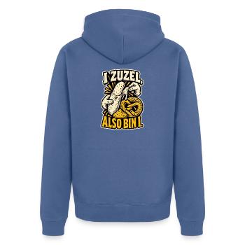 I zuzel also bin i - Unisex Premium Bio Zip Hoodie - Taubenblau - Hinten - Nico (187cm)