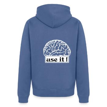 Sprüche Use it Benutze dein Gehirn - Unisex Premium Bio Zip Hoodie - Taubenblau - Hinten - Nico (187cm)