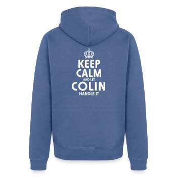 COLIN: Regel das. - Unisex Premium Bio Zip Hoodie - Taubenblau - Hinten - Nico (187cm)