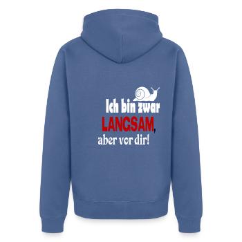 Schnecke Sprüche Ich bin langsam - Unisex Premium Bio Zip Hoodie - Taubenblau - Hinten - Nico (187cm)