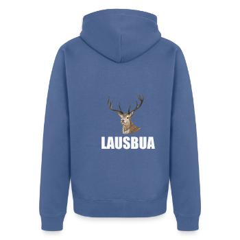 Lausbua Hirsch Lederhosen - Unisex Premium Bio Zip Hoodie - Taubenblau - Hinten - Nico (187cm)