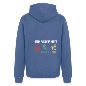 Mein Plan Apres Ski | Skifahrer Wein Spruch - Unisex Premium Bio Zip Hoodie - Taubenblau - Hinten - Nico (187cm)