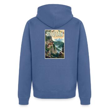 Erleben Sie die Berglandschaften Bhutans - Unisex Premium Bio Zip Hoodie - Taubenblau - Hinten - Nico (187cm)