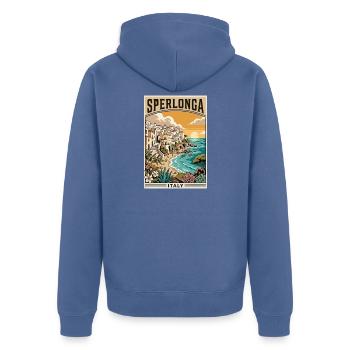 Erkunden Sie die italienische Strandstadt Sperlonga in Italien - Unisex Premium Bio Zip Hoodie - Taubenblau - Hinten - Nico (187cm)