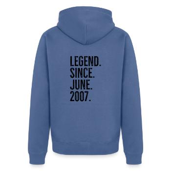 Legende seit Juni 2007 - Unisex Premium Bio Zip Hoodie - Taubenblau - Hinten - Nico (187cm)
