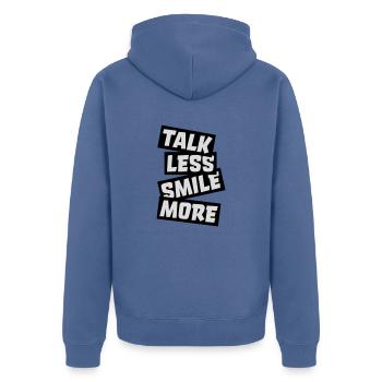 talk less smile more - Unisex Premium Organic Zip Hoodie - stone blue - Back - Nico (187cm)