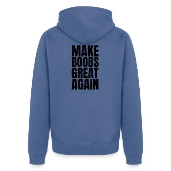 Make BOOBS Great Again vintage - Unisex Premium Bio Zip Hoodie - Taubenblau - Hinten - Nico (187cm)