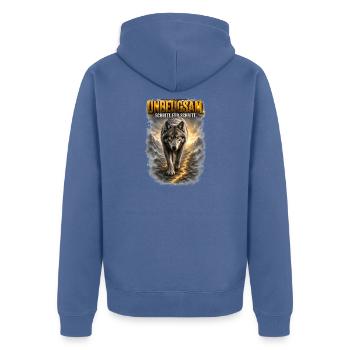 Unbeugsam - Schritt für Schritt/Wolf Motiv - Unisex Premium Bio Zip Hoodie - Taubenblau - Hinten - Nico (187cm)