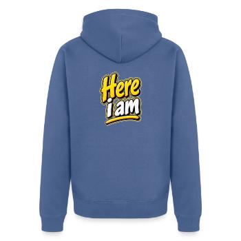 Hier bin ich bunter Schriftzug - Unisex Premium Bio Zip Hoodie - Taubenblau - Hinten - Nico (187cm)