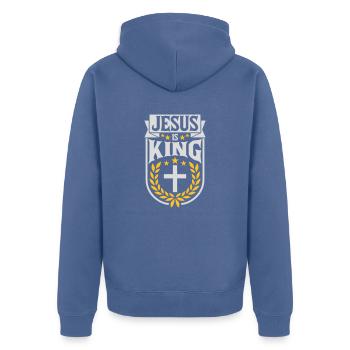 jesus is king Zitat - Unisex Premium Bio Zip Hoodie - Taubenblau - Hinten - Nico (187cm)