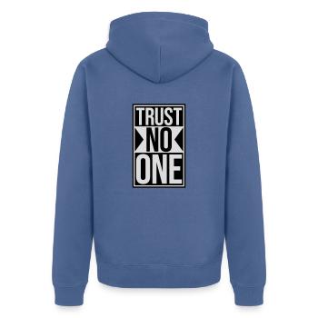 trust no one quote - Unisex Premium Organic Zip Hoodie - stone blue - Back - Nico (187cm)