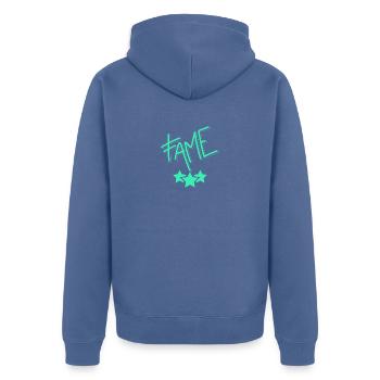 Neon Ruhm / Fame - Unisex Premium Bio Zip Hoodie - Taubenblau - Hinten - Nico (187cm)