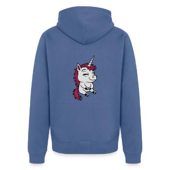 Petite licorne comique sédentaire - Veste à capuche bio Premium Unisexe - bleu pigeon - Dos - Nico (187cm)