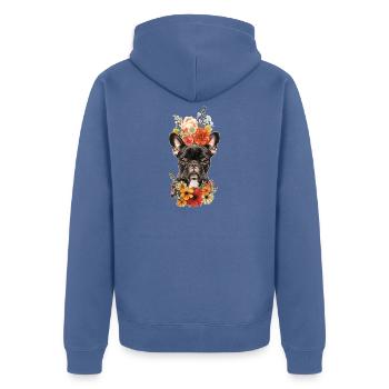 Französische Bulldogge mit Blumen - Unisex Premium Bio Zip Hoodie - Taubenblau - Hinten - Nico (187cm)