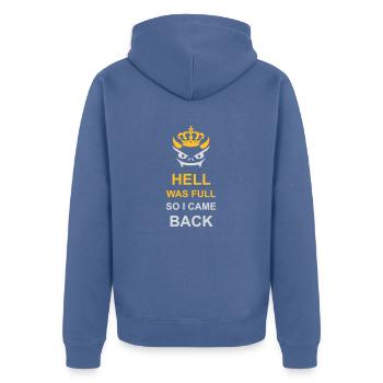 hell was full Zitat - Unisex Premium Bio Zip Hoodie - Taubenblau - Hinten - Nico (187cm)