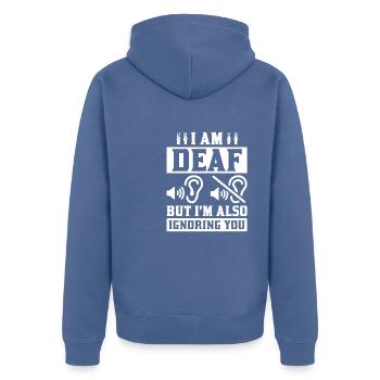Deaf Deafness Hard of hearing Hearing loss - Unisex Premium Organic Zip Hoodie - stone blue - Back - Nico (187cm)