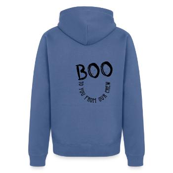 Boo to you from our crew - Unisex Premium Bio Zip Hoodie - Taubenblau - Hinten - Nico (187cm)