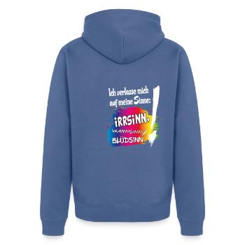 Sprüche Zitate Irrsinn Wahnsinn Blödsinn - Unisex Premium Bio Zip Hoodie - Taubenblau - Hinten - Nico (187cm)