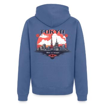 Tokyo City is Like a Magic - Unisex Premium Bio Zip Hoodie - Taubenblau - Hinten - Nico (187cm)