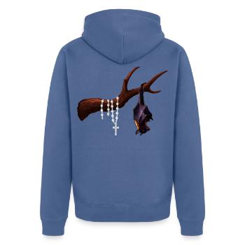 Flughund mit Ast, Rosenkränze, verschenken - Unisex Premium Bio Zip Hoodie - Taubenblau - Hinten - Nico (187cm)