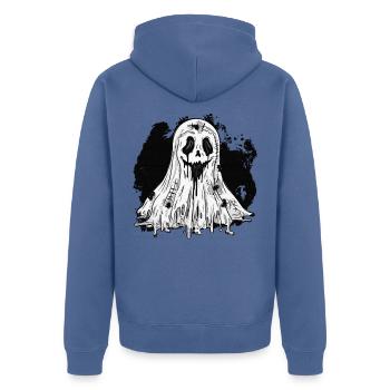 Schwarzweiß Spukgeist mit Flecken - Unisex Premium Bio Zip Hoodie - Taubenblau - Hinten - Nico (187cm)