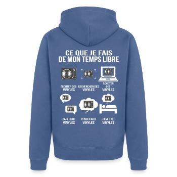 Was ich in meiner Freizeit mache: Retro-Musik - Unisex Premium Bio Zip Hoodie - Taubenblau - Hinten - Nico (187cm)