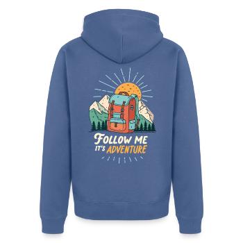 Berg-Abenteuer-Rucksack - Unisex Premium Bio Zip Hoodie - Taubenblau - Hinten - Nico (187cm)