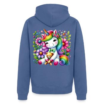 Regenbogen Einhorn Blumentraum - Unisex Premium Bio Zip Hoodie - Taubenblau - Hinten - Nico (187cm)