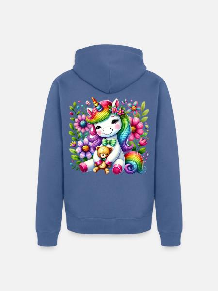Regenbogen Einhorn Blumentraum - Unisex Premium Bio Zip Hoodie - Taubenblau