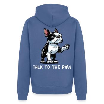 Talk to the Paw Boston Boston terrier Bostie Bosti - Unisex Premium Organic Zip Hoodie - stone blue - Back - Nico (187cm)