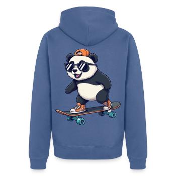 Panda drôle patinant sur un skateboard de dessins animés - Veste à capuche bio Premium Unisexe - bleu pigeon - Dos - Nico (187cm)