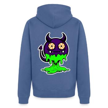 Lila Dämon mit Neon-Schleim - Unisex Premium Bio Zip Hoodie - Taubenblau - Hinten - Nico (187cm)