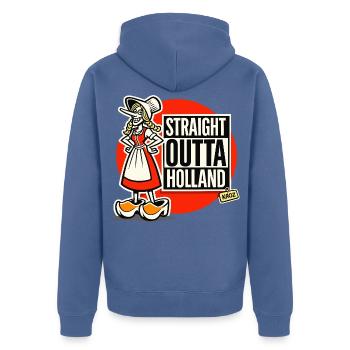 Holländische Trachten-Karikatur direkt aus Holland - Unisex Premium Bio Zip Hoodie - Taubenblau - Hinten - Nico (187cm)