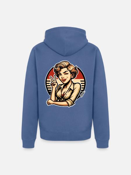 Retro-Pinup zwinkernde Peace-Zeichen-Kunst - Unisex Premium Bio Zip Hoodie - Taubenblau