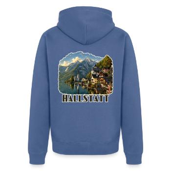 Hallstatt Austria - Unisex Premium Bio Zip Hoodie - Taubenblau - Hinten - Nico (187cm)