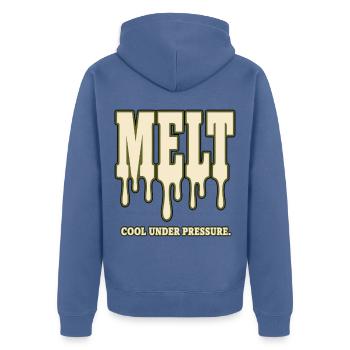 MELT – Refroidir sous pression | Humour sur le stress - Veste à capuche bio Premium Unisexe - bleu pigeon - Dos - Nico (187cm)