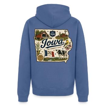 Iowa Hawkeye State Vintage Farm Aufkleber - Unisex Premium Bio Zip Hoodie - Taubenblau - Hinten - Nico (187cm)