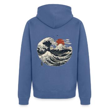 Fujiyama Wave - Unisex Premium Bio Zip Hoodie - Taubenblau - Hinten - Nico (187cm)