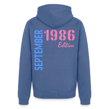 Anniversaire de septembre 1986 - Veste à capuche bio Premium Unisexe - bleu pigeon - Dos - Nico (187cm)