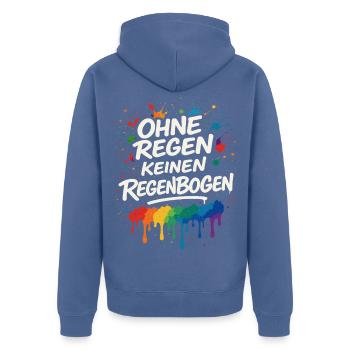 Ohne Regen keinen Regenbogen – Mutmacher - Unisex Premium Bio Zip Hoodie - Taubenblau - Hinten - Nico (187cm)