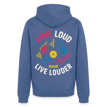 Love Loud Live Louder – Rock & Vinyl Liebe - Unisex Premium Bio Zip Hoodie - Taubenblau - Hinten - Nico (187cm)