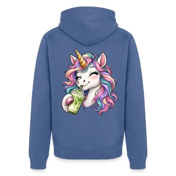 Einhorn mit Matcha Latte - Unisex Premium Bio Zip Hoodie - Taubenblau - Hinten - Nico (187cm)