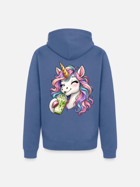 Einhorn mit Matcha Latte - Unisex Premium Bio Zip Hoodie - Taubenblau